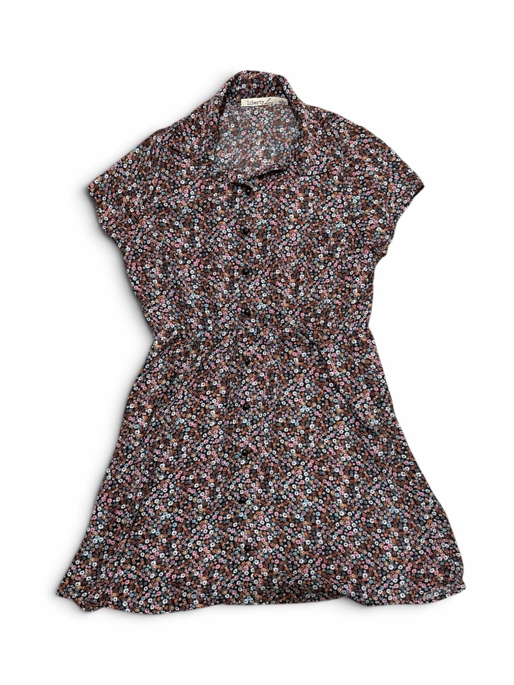 Liberty Love Black Ditsy Floral Cap Sleeve Button Up Mini Dress Size Medium